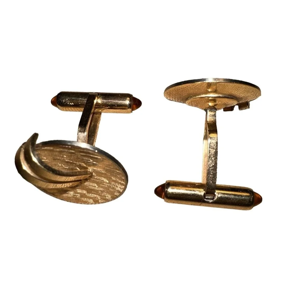 Vintage Gold Tone Cufflinks Textured Oval Amber Stone‎ Accents Classic
